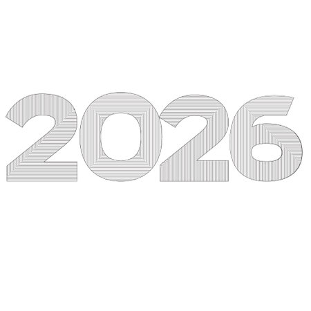 Abstract 2026 Year Wireframe Typography: Detailed Concentric and Linear Hatching Patterns in Black...