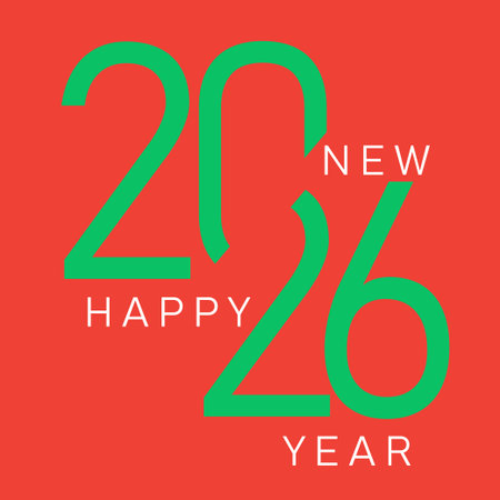 Festive and Modern Happy New Year 2026 Greeting: Overlapping Green Typography on a Bold Red...