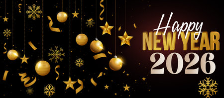 Happy New Year 2023. Festive background with golden baubles, stars and confetti. Vector...
