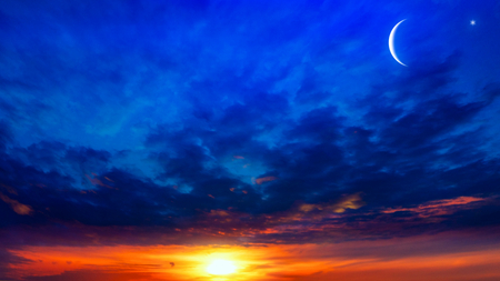 New moon. Prayer time. Generous Ramadan. Mubarak background. A decline or rising with clouds.の写真素材