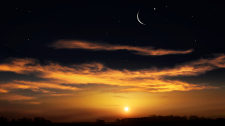 Crescent moon with beautiful sunset background. Generous Ramadan. Light from sky. Religion background.の写真素材