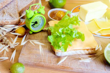 Healthy vegetarian sandwich. Home-made sandwich with cheese for breakfastの写真素材