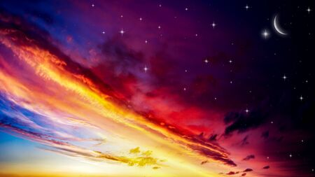 Sunset and new moon. Background sky
