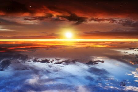 Beautiful sunset of the Sun. Bright sky. Cloud landscape background.
