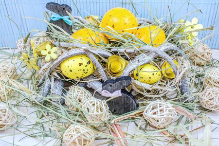 eggs in a nest. religion holiday. Easter food is on the table.