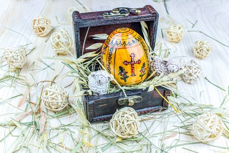 eggs in a nest. religion holiday. Easter food is on the table.の写真素材