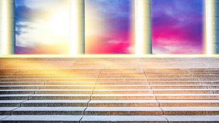 Light in dark sky. Stairs in sky. Religion for the person. Way to heaven. Religious background. Way to successの写真素材