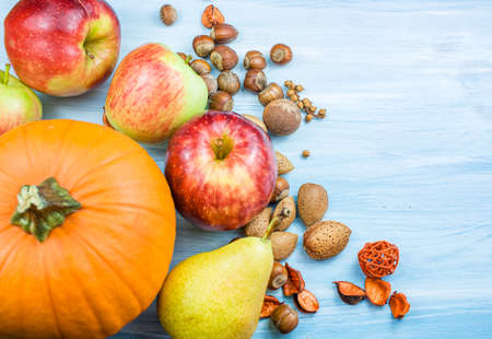 apples, red, pear, pumpkin, nut, walnut, hazelnut, table, blue, crop, abundance, wealth, fall, Concept, Stem, Red, Autumnal, Food, Natural, Yellow, Ripe, Season, Decoration, Traditional, Holiday, Coloの写真素材