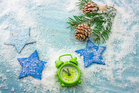 Christmas background with decorations and gift. Christmas background with clock