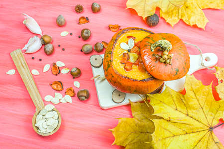 Pumpkin cream soup in pumpkin, healthy food, dietの写真素材