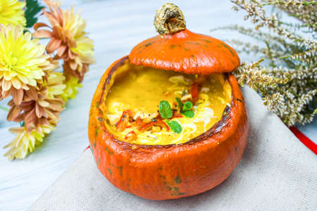 delicious soup of ripe pumpkin, vegetable dietの写真素材