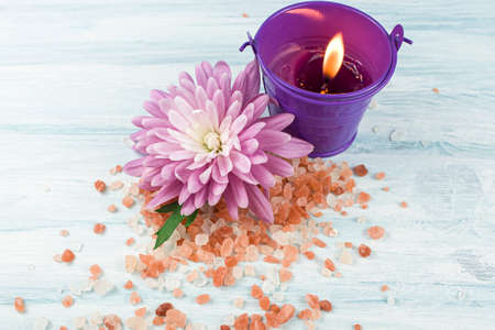 bath salt on a wooden table, body careの写真素材