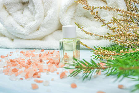 Bath salt. Floral fragrance of nature. Spa composition of essential oil and salt for bath,の写真素材