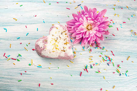 bath salt on a wooden table, body careの写真素材