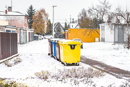 garbage containers on city streets. garbage recycling backgroundの写真素材
