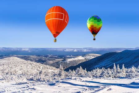 a balloon amid snow in the mountains of Europe. scan from flight altitude.の写真素材
