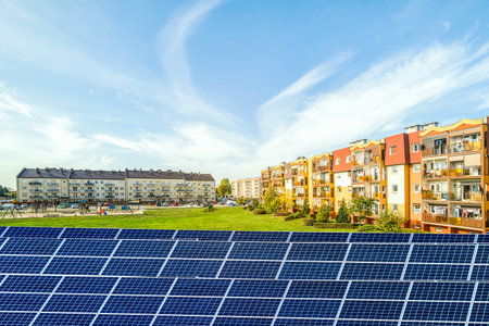 apartment building solar panels on the roofの写真素材