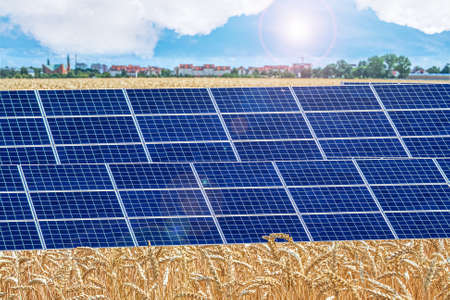 solar panels against the background of a field of wheat Poland
