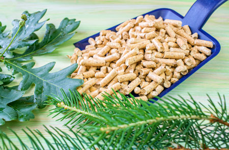 Wooden pellets on a green background. Biofuels or animal toilets