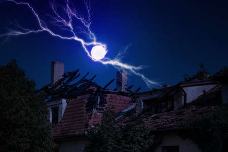 lightning ball damaged the roof of the house
