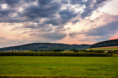 view from altitude to forest and fields, countryside