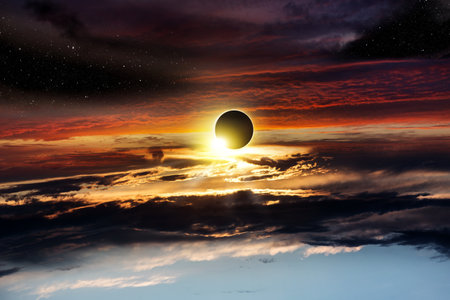 Sunset in the sky with clouds and stars. 3d render
