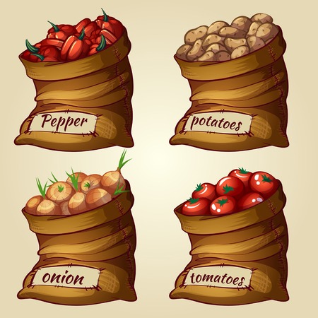 four bags with a crop of vegetablesのイラスト素材