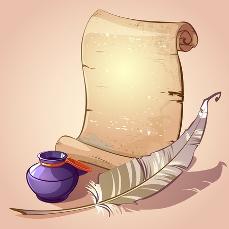 scroll with feather and inkpotのイラスト素材