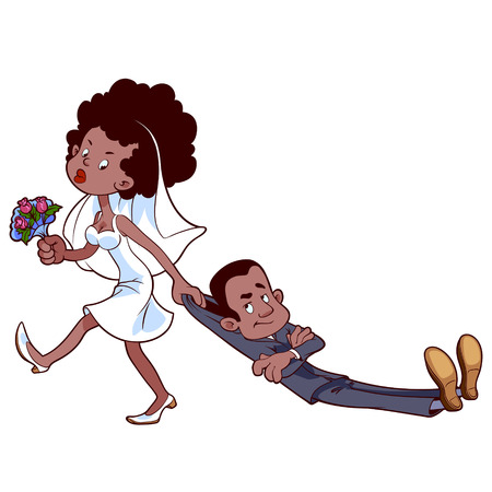 Angry bride drags the groom  to get marriedのイラスト素材