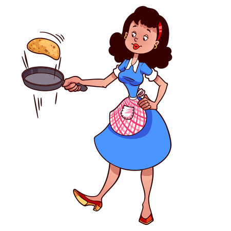 Cute housewife in apron with a frying pan and pancakeのイラスト素材