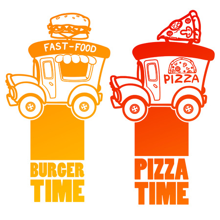 Cartoon fast-food car with a big hamburger and pizza on a white background.のイラスト素材
