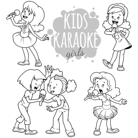 Cartoon children sing with a microphone. Vector clip art illustration on a white background.のイラスト素材
