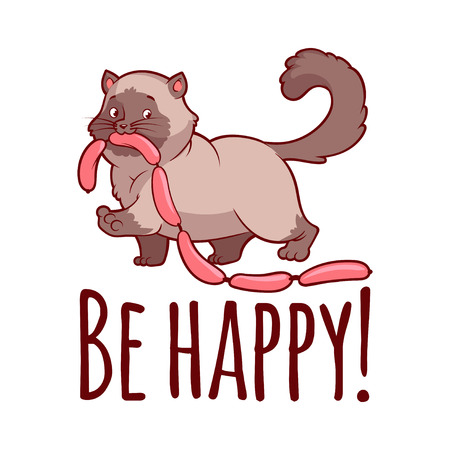 Happy fat cat with sausages. Card: Be happy! Vector clip-art illustration on a white background.のイラスト素材