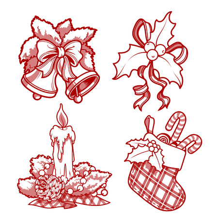 Set of Christmas decorations. Candle, holly, mistletoe, bells, and sock with candy. clip-art illustration.のイラスト素材