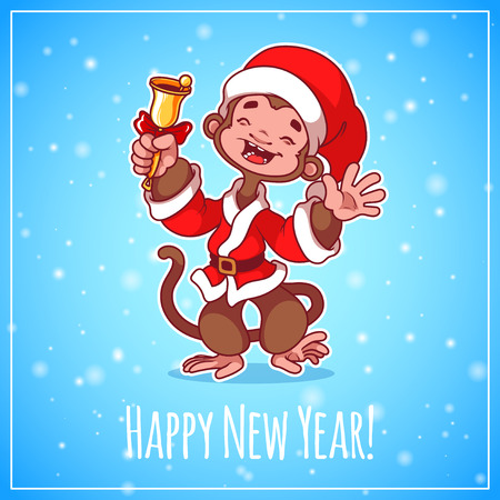 Merry monkey with a bell and Christmas dress. Symbol of 2016 - a monkey. Christmas card.のイラスト素材