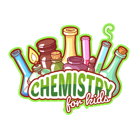 Chemistry title with chemical flasks on a white background for poster design. Vector clipart illustrationのイラスト素材
