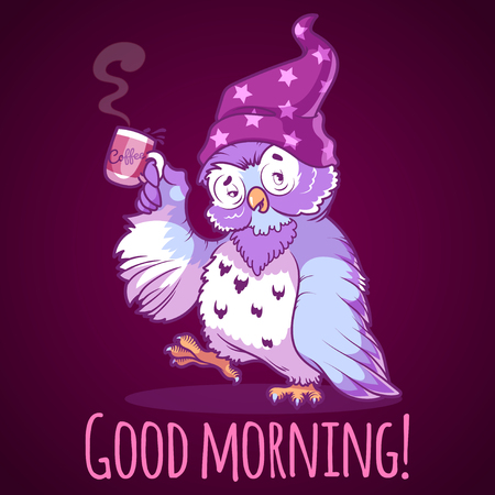 Woken owl in the nightcap with a cup of coffee. Cartoon vector character on a dark background.のイラスト素材