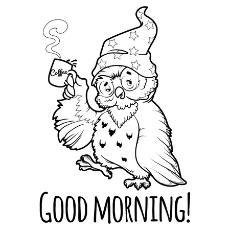Woken owl in the nightcap with a cup of coffee. Cartoon vector character on a white background.のイラスト素材