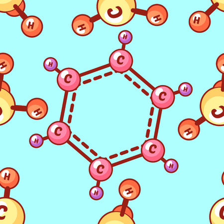 Seamless vector pattern with chemical elements. Benzene and Methane on a blue background.のイラスト素材