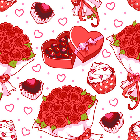Seamless pattern for Valentine's Day with a bouquet of red roses and candies on a white background.のイラスト素材