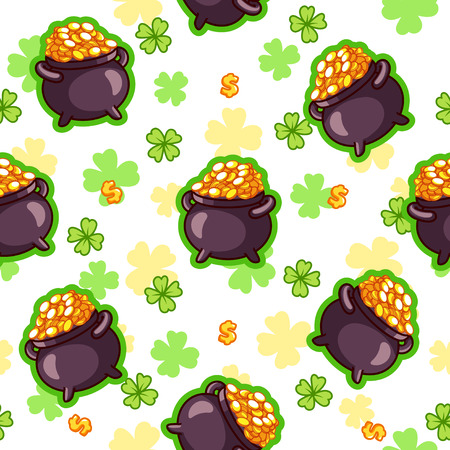Seamless pattern with a pot of gold four-leaf clover and a dollar sign on a white background. The pattern for St. Patrick's Day. Vector illustration.のイラスト素材