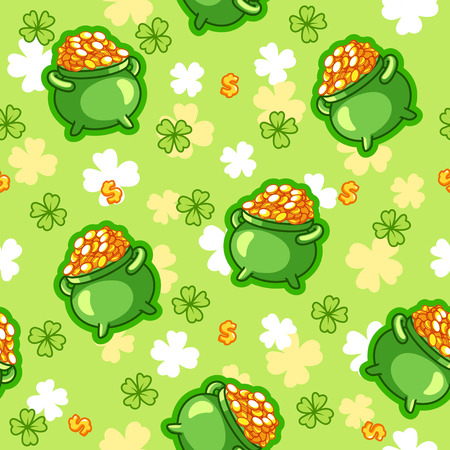 Seamless pattern with a pot of gold four-leaf clover and a dollar sign in green tones. The pattern for St. Patrick's Day. Vector illustration.のイラスト素材