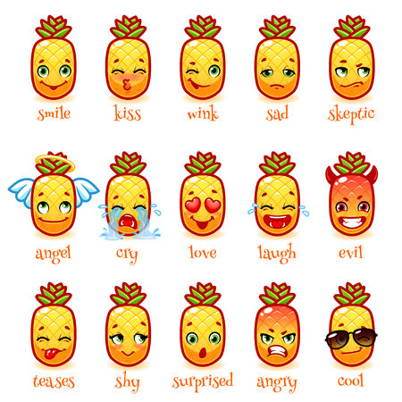 Set of emoticons funny pineapple. Smile, kiss, wink, sad, skeptic, evil, cry, laugh, teases, shy, surprised, angry, cool and in love. Vector icons on a white background.のイラスト素材