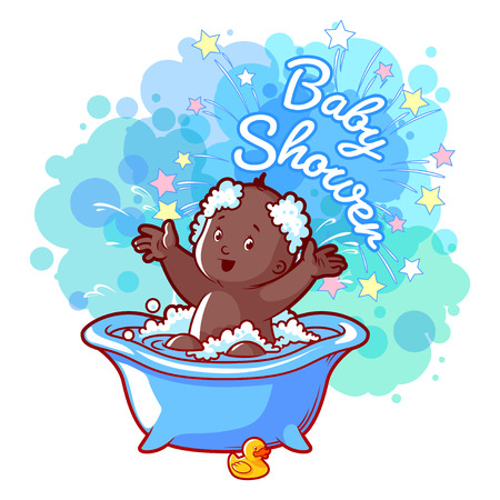 Baby Shower card with cute african american baby boy in bath. Happy toddler splashing water. Vector cartoon greeting card.のイラスト素材