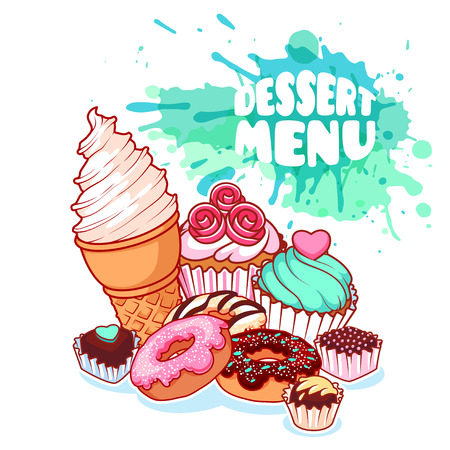 Dessert menu with different sweets: ice cream, donuts, chocolate candies and muffins. Delicious food on light background with watercolor stains. Vector cartoon illustration.のイラスト素材