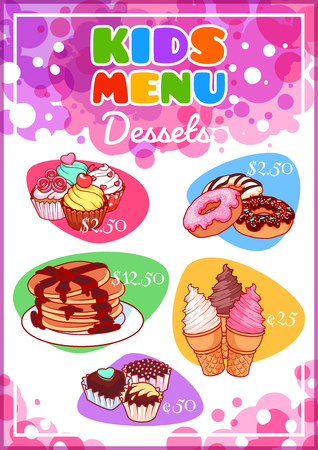 Kids Menu for different desserts. Cupcakes, pancakes, donuts, ice cream and chocolate candies. Template menu A4 size vertical orientation.のイラスト素材