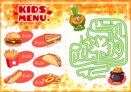Kids Menu for fast-food with maze game. Hamburger, hot-dog, sandwich, tacos, french fries and onion rings. Template menu A4 size horizontal orientation.のイラスト素材