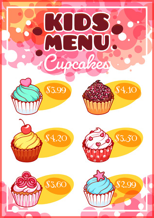Kids Menu for cupcakes. Different sweet muffins. Template menu A4 size vertical orientation.のイラスト素材