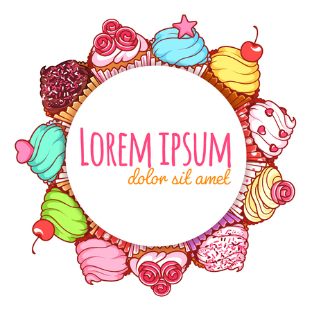 Round banner with different cupcakes. Sweet food for your design. Vector template banner isolated on a white background.のイラスト素材