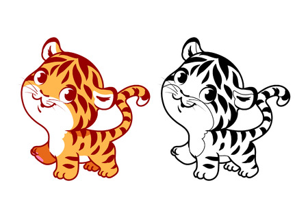 Cute little tiger. Cartoon vector character isolated on a white background with black outline.のイラスト素材